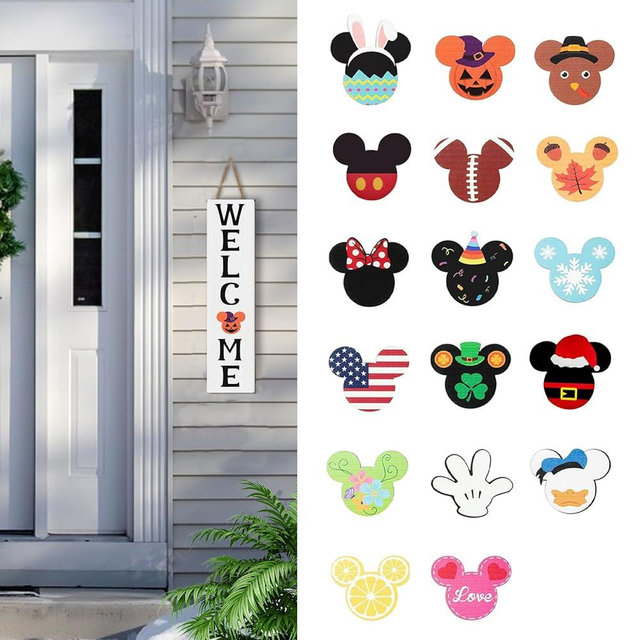 FUEMEILY 15.7'' Cute Mouse Seasonal Interchangeable Home Sign for Front Porch,18pcs Interchangeable Hanging Vertical Welcome Door Sign for Farmhouse/Wall/Porch Decor and Housewarming Gift