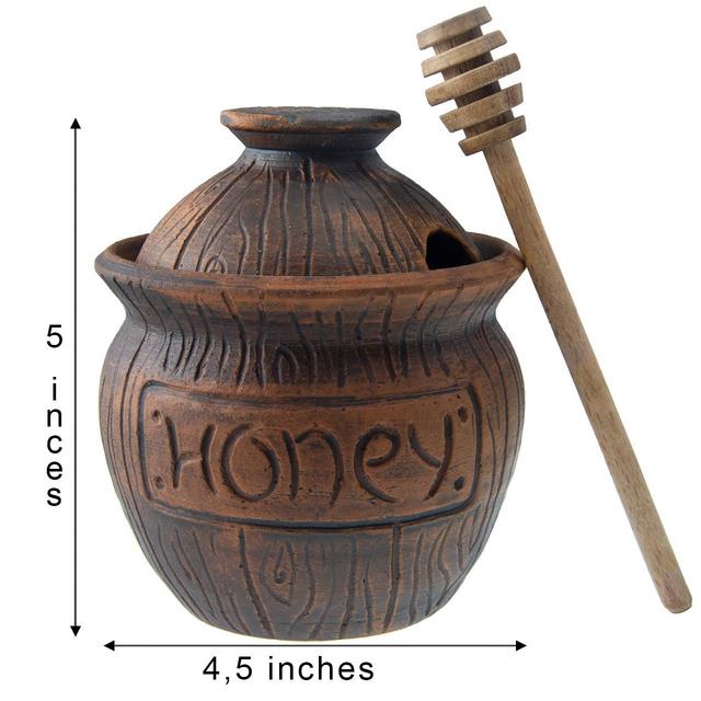 Honey Jar with a Dipper. Ceramic Honey Pot Made Out of Solid Clay Piece. Honey Container, and a Great Rustic Bowl for Gift