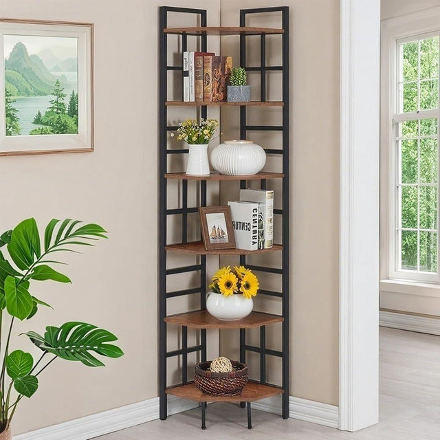 HOMISSUE Corner Shelf, 6 Tier Tall Narrow Bookshelf, Industrial Corner Bookcase with Storage for Home Office Living Room and Bedroom, Rustic Brown