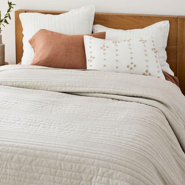 European Flax Linen Linework Quilt, Full/Queen, Natural Flax