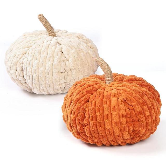 Lcuasc 2pcs Faux Pumpkins Fall Harvest Fabric Plush Pumpkin Thanksgiving Halloween Decor for Table Centerpiece Farmhouse (Beige/Orange)