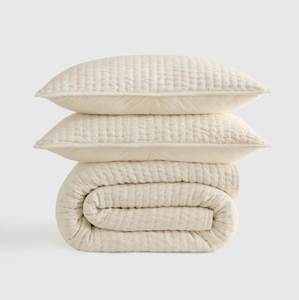 European Linen Cotton Stitch Quilt Set - Ivory, Full/Queen