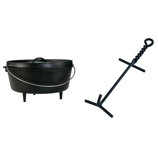 Lodge Deep Camp Dutch Oven, 10 Qt & Camp Dutch Oven Lid Lifter. Black 9 MM Bar Stock for Lifting and Carrying Dutch Ovens. (Black Finish)