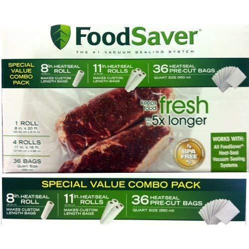 FoodSaver B005SIQKR6 Special Value Vacuum Seal Combo Pack 1-8" 4-11" Rolls 36 Pre-Cut Bags, 1Pack, Clear