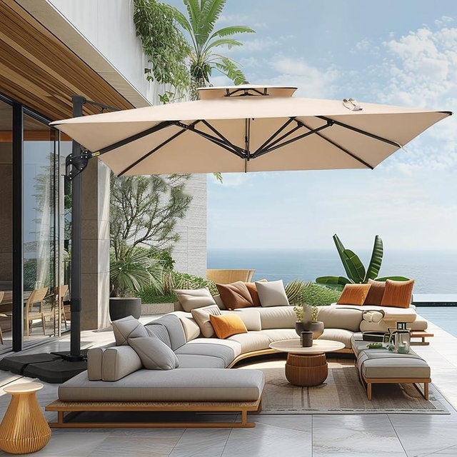 Sophia & William 12ft Cantilever Patio Umbrella with Base, Outdoor Offset Large Rectangular Umbrellas with 360-degree Rotation, Aluminum Pole for Garden Pool Backyard, Beige