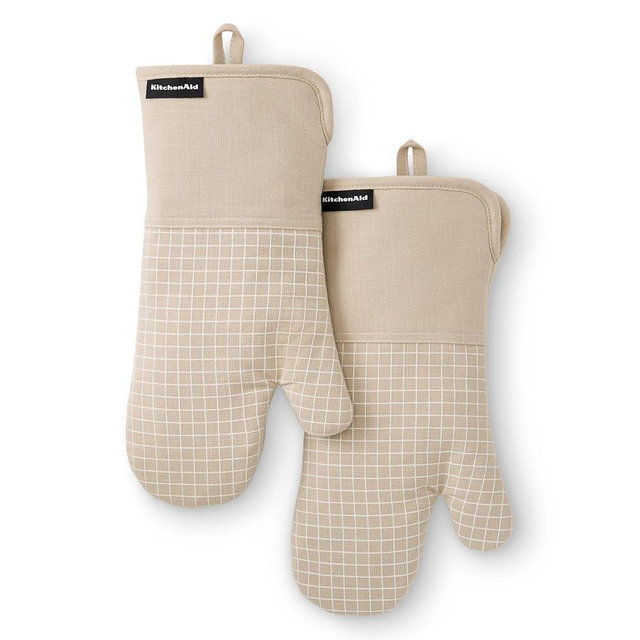 KITCHENAID Gourmet Series Gridlines Oven Mitts 2-Pack Set, Heat Resistant up to 600°F, Soft Silicone Grip, Magnetic Cuff, Milkshake Tan, 7"x14"
