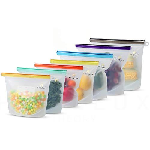 Homelux Theory Reusable Silicone Food Storage Bags | Sandwich, Sous Vide, Liquid, Snack, Lunch, Fruit, Freezer Airtight Seal | BEST for preserving and cooking | (3 Large + 4 Medium)