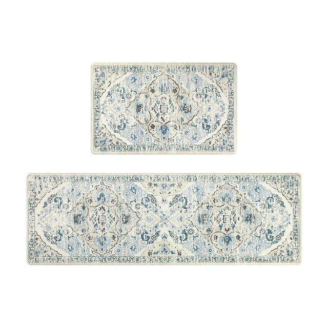 Ileading Large Kitchen Anti Fatigue Mat Set of 2 Non Skid Waterproof Kitchen Floor Mats Vintage Cushioned Comfort Standing Mat Boho Kitchen Rug Runner for Sink Laundry, 20"x59"+20"x32", Blue