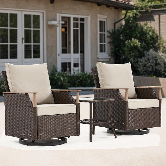 MELLCOM 3 Pieces Patio Furniture Set, Wicker Swivel Glider Chairs with Side Table and Thick Cushions, All Weather Rattan Bistro Set for for Porch, Garden, Backyard and Patio