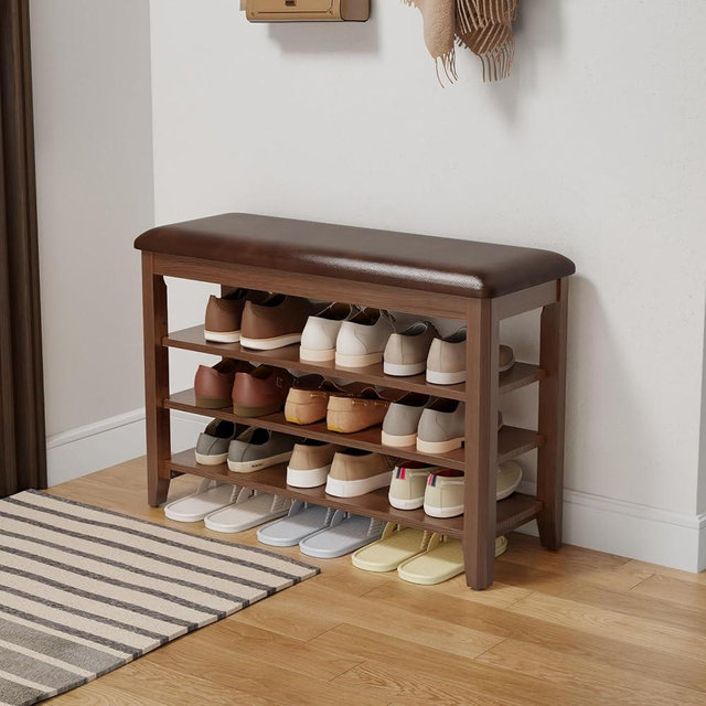 AQIMUELE Shoe Bench with Leather Cushion, 3 Tiers Shoe Storage Bench Height Adjustable, Walnut Wood Entryway Bench for Hallway, Mudroom