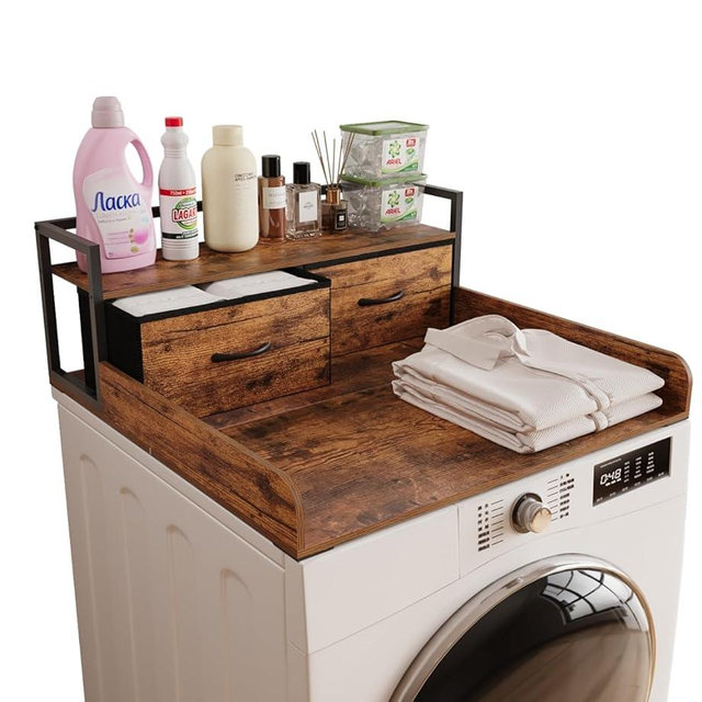 Unionly 2-Tier Washer Dryer Countertop single with shelf and fabirc drawer,laundry topper with Edge and Non-Slip Pad for Washer Dryer Laundry Hamper Counter Storage Organization (rustic brown, single)