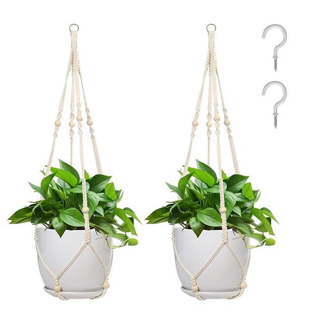 Eclawen 2 PCS Macrame Plant Hangers with 2 Hooks, Indoor Handmade Cotton Rope Hanging Planter Basket, Flower Pots Holder Cream Color Boho Chic Home Décor