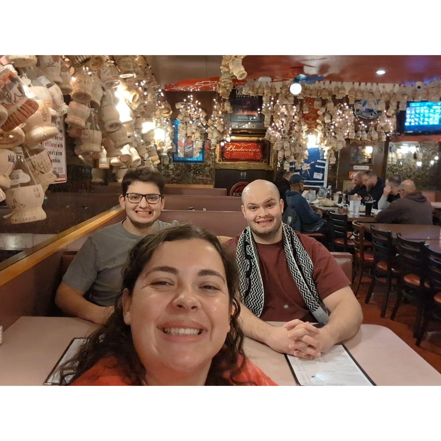 We took Kiefer to Loui's Pizza for the best Detroit pizza ever!