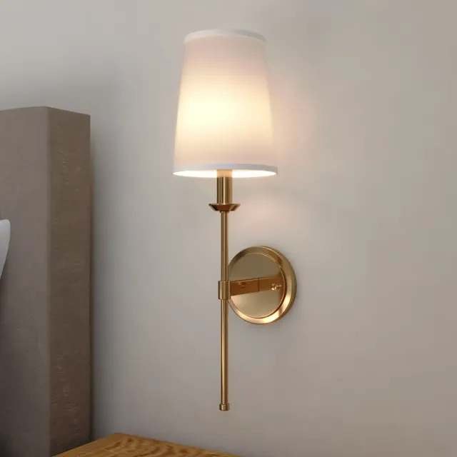 VAXCEL Camden 1 Light Wall Sconce Fixture White Linen Fabric Shade, LED Compatible, Natural Brass