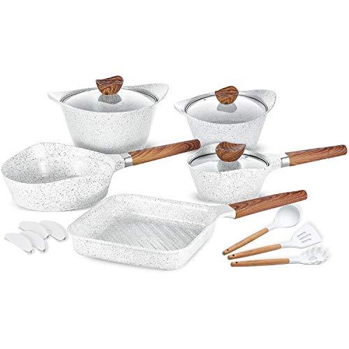 Nonstick Cookware Set Dishwasher Safe 100% PFOA Free Aluminum Induction Pots and Pans Set with Cooking Utensils- 15 - Piece - White