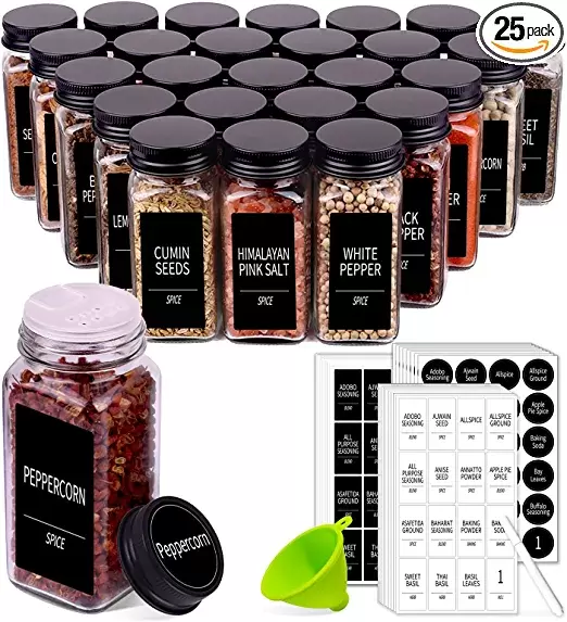 25 Spice Jars with 547 Labels- Glass Spice Jars with Black Metal Caps, 4oz Empty Spice Containers with Shaker Lids, Funnel, Chalk Pen, Churboro Square Seasoning Bottles for Spice Rack, Drawer, Cabinet