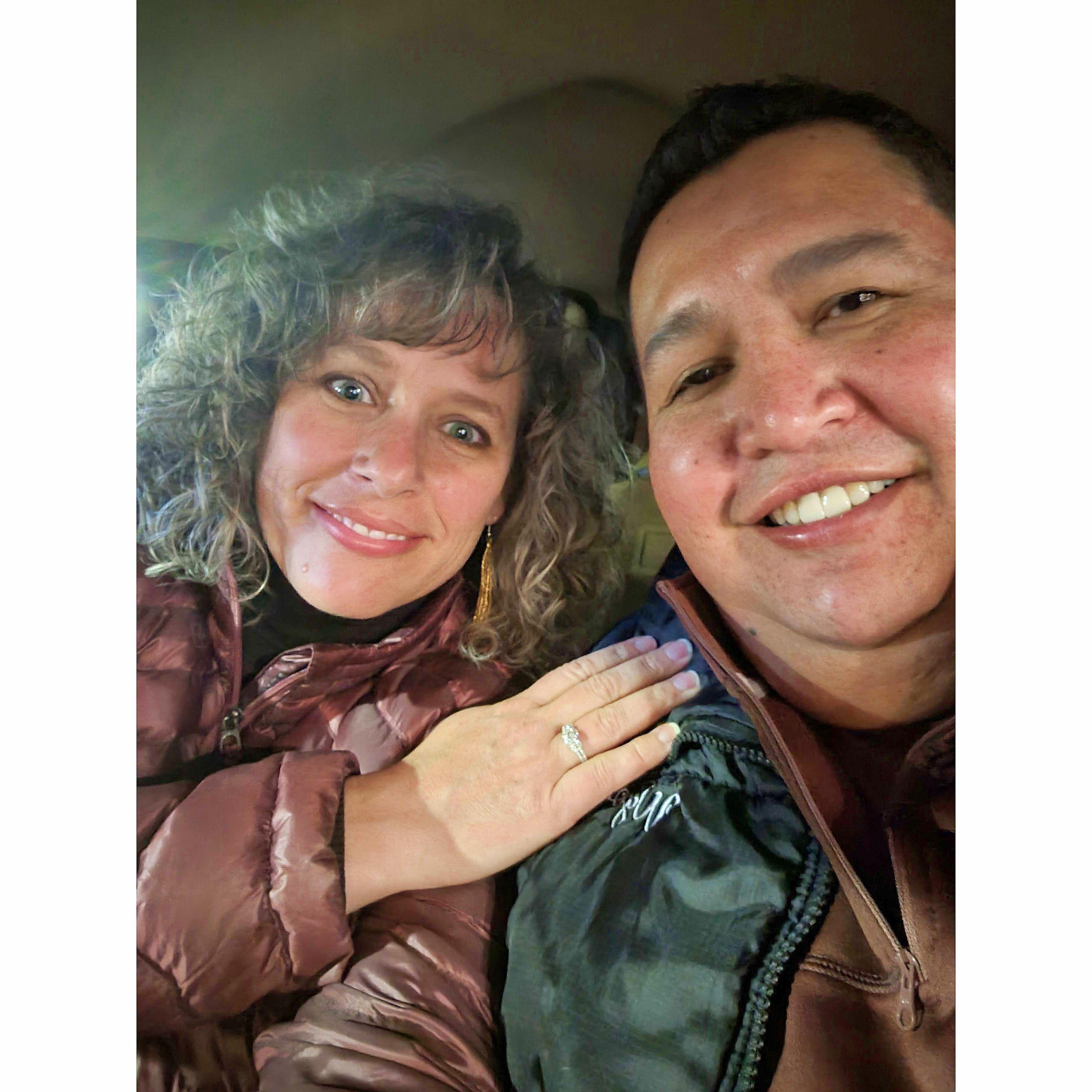 Our first picture with the ring after David 'popped the question'!