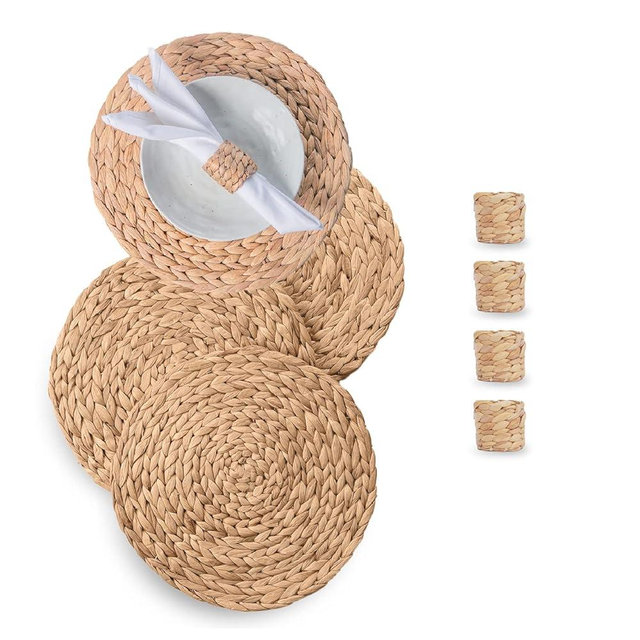 Laquedecraft 11.8" Round Water Hyacinth Placemats Set of 4 + 4 Woven Napkin Rings | Boho Rattan Wicker Plate Chargers | Farmhouse Spring Table Mats Like Seagraas, Corn Husk