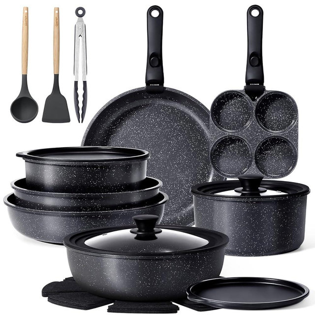 GiPP Ceramic Pots and Pans Set Non Stick, Nonstick Detachable Handle Cookware Sets, Healthy Non Toxic PFAS PFOA & PTFE Free, Dishwasher ＆Oven Safe, Induction Kitchen Pot and Pan, 21 Piece Grey