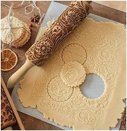 Embossed Rolling Pins Christmas Rolling Pin,3D Paisley Pattern Flower Snowflake Rattan Wooden Roll Pin Laser Engraved Rolling Pin DIY Tool for Kids and Adults to Make Cookie Dough (35*5)