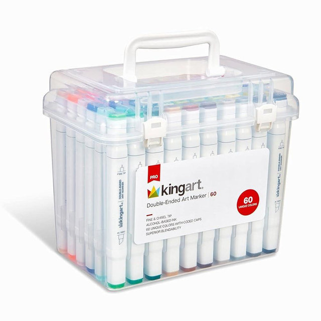 KINGART 424-60 PRO Double-Ended Alcohol Ink Art Markers, 60 COLORS, Fine Point & Chisel Tips, Permanent with Superior Blendability, Includes Plastic Case, 60 Pc.