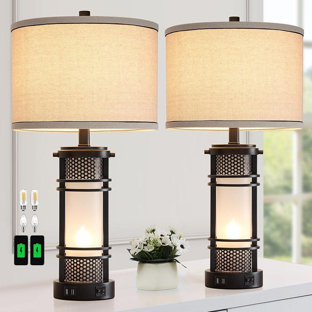 AIEAMPDO Set of 2 Modern Table Lamps for Living Room, Contemporary Nightstand Lamp with Dual USB Port, Bedside Lamps with White Frosted Glass Night Light for Bedroom, 4 Bulbs Included (Black)