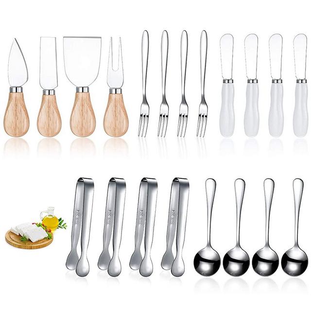 20 Pieces Spreader Knife Set Cheese Butter Spreader Knife Cheese Slicer Knife Stainless Steel Blade with Porcelain and Wooden Handles Mini Serving Tongs Spoons and Forks for Birthday Wedding Christmas