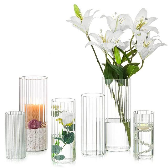 Hewory Glass Cylinder Ribbed Vases Set of 6, Tall Clear Vase for Centerpieces, Hurricane Candle Holders for Pillar or Floating Candles, Round Vases for Wedding Anniversary Events Home Table Decor