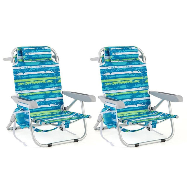 Goplus Beach Chair, 2 Pack 330lbs Folding Backpack Beach Chairs for Adults with 5 Positions, Storage Pockets, Towel Bar & Headrest, Foldable Low Beach Lounge, Portable Aluminum Lay Flat Camping Chair