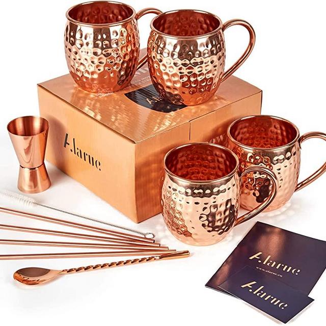 Moscow Mule Copper Mugs Set - 4 Authentic Handcrafted Mugs (16 oz.) with 4 Copper Straws, Copper Stirrer and Copper Jigger - Food Safe Pure Solid Copper - Gift set with Recipe Book Included