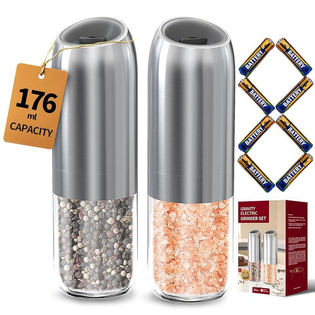 CIRCLE JOY Gravity Electric Salt and Pepper Grinder Set, Battery Powered Automatic Pepper Mills with Adjustable Coarseness, One Hand Operation, 176ml Large Container, Silver - Includes 8 Batteries