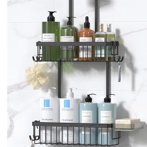 YASONIC Shower Caddy Over Shower Head Never Rust Aluminum Large Hanging Shower Caddy with 10 Hooks for Razor/Sponge - Over The Shower Head Caddy with Soap Basket - Hanging Shower Organizer Black