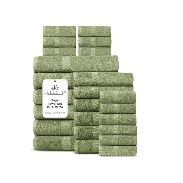 Villa Celestia 100% Cotton Bath Towel Set of 24-6 Bath Towels, 6 Hand Towels, 12 Wash Cloths, Sustainable, Soft, Highly Absorbent, Combed Cotton 24 Piece Set for Hotels, Spa, Bathroom, Dorm, Sage