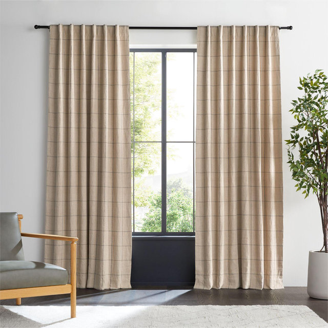 Warm Beige & Storm Grey Linen Double Pinstripe Grid Blackout Window Curtain Panel 52"x108"