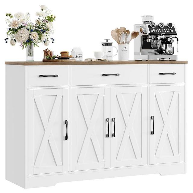 HOSTACK Buffet Cabinet with Drawers, 55" Large Sideboard Buffet Storage Cabinet with Shelves & 4 Doors, Modern Farmhouse Coffee Bar Cabinet Wood Buffet Table for Kitchen, Dining Room, White/Rustic