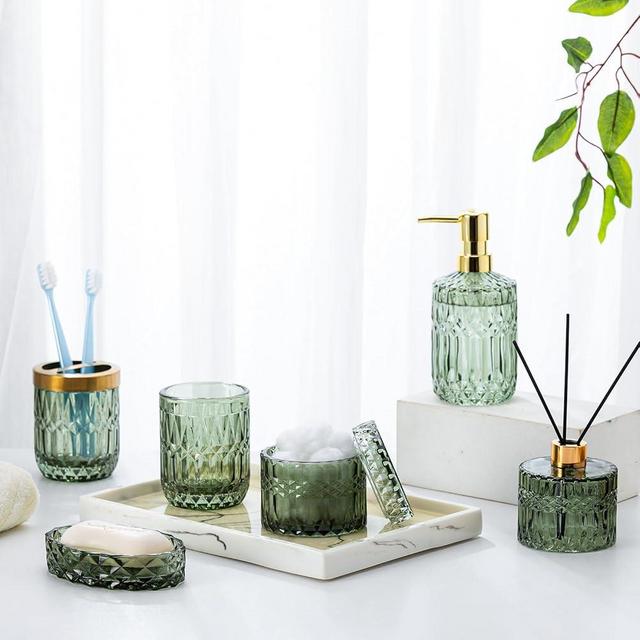 Bathroom Accessories Set, 7 PCS Clear Glass (Lotion Soap Dispenser,Aromatherapy Bottle,Soap Dish,Toothbrush Holder,Tumbler,Cotton Swab Jars) Modern Decor Crystal Gift-Green