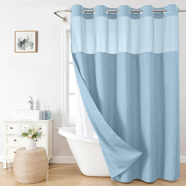 eachope No Hooks Needed Linen Textured Shower Curtain with Snap-in Fabric Liner Set,Hotel Luxury Decor Waterproof Shower Curtains for Bathroom with Mesh Top Window,Washable,71Wx74H,Fog Blue