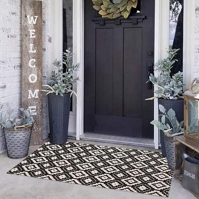 Uphome Indoor Outdoor Doormat 2’x4.3’ Boho Cotton Runner Rug Hand Woven Moroccan Geometric Throw Rugs Machine Washable Farmhouse Rug Carpet for Entryway Porch Living Room Laundry Kitchen,Black