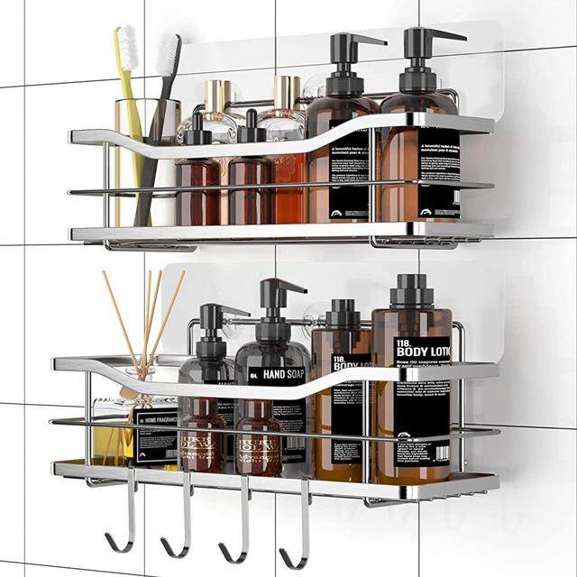 Shower Caddy with Hooks of 4, EAGMAK No Drilling Adhesive Shower Shelf Wall Mounted Shampoo Holder, SUS304 Stainless Steel Shower Storage Organizer for Bathroom, Toilet and Kitchen- 2 Pack (Silver)