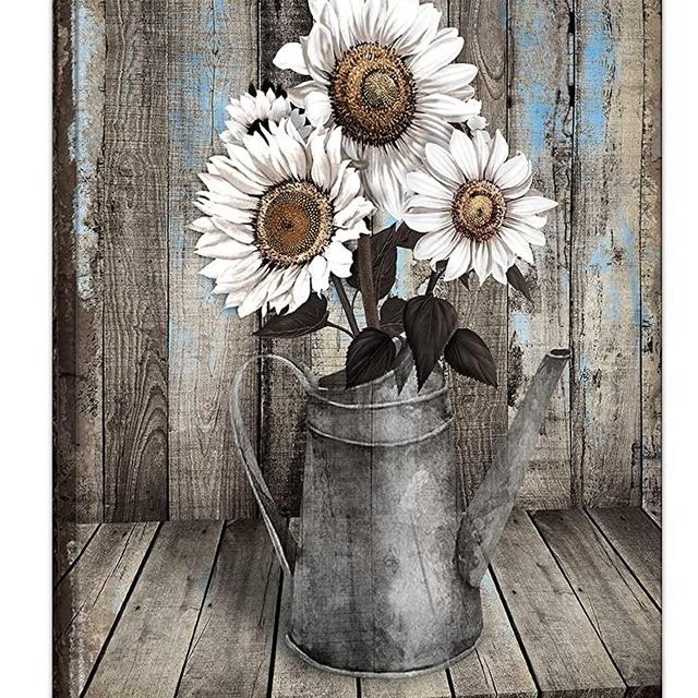 Framed Rustic Farmhouse White Sunflower Wall Art Decor for picture print Floral Vintage Wood Grain Canvas Artwork for Living Room Bedroom Bathroom Office Hotel Modern Home 16x24inch