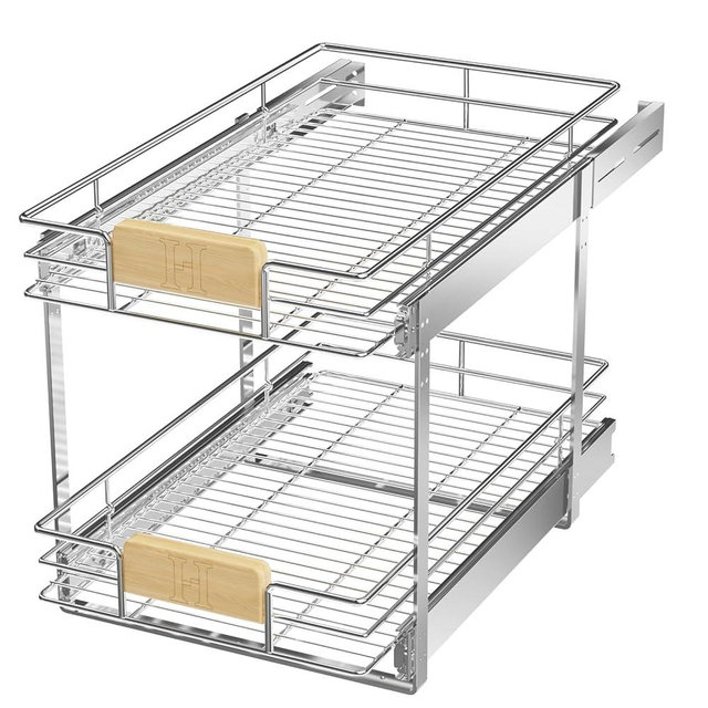 LOVMOR 2 Tier Pull Out Cabinet Organizer 13½" W x 21½" D, Slide Out Drawers with Wooden Handle, Sliding Shelves Organization and Storage for Kitchen, Pantry