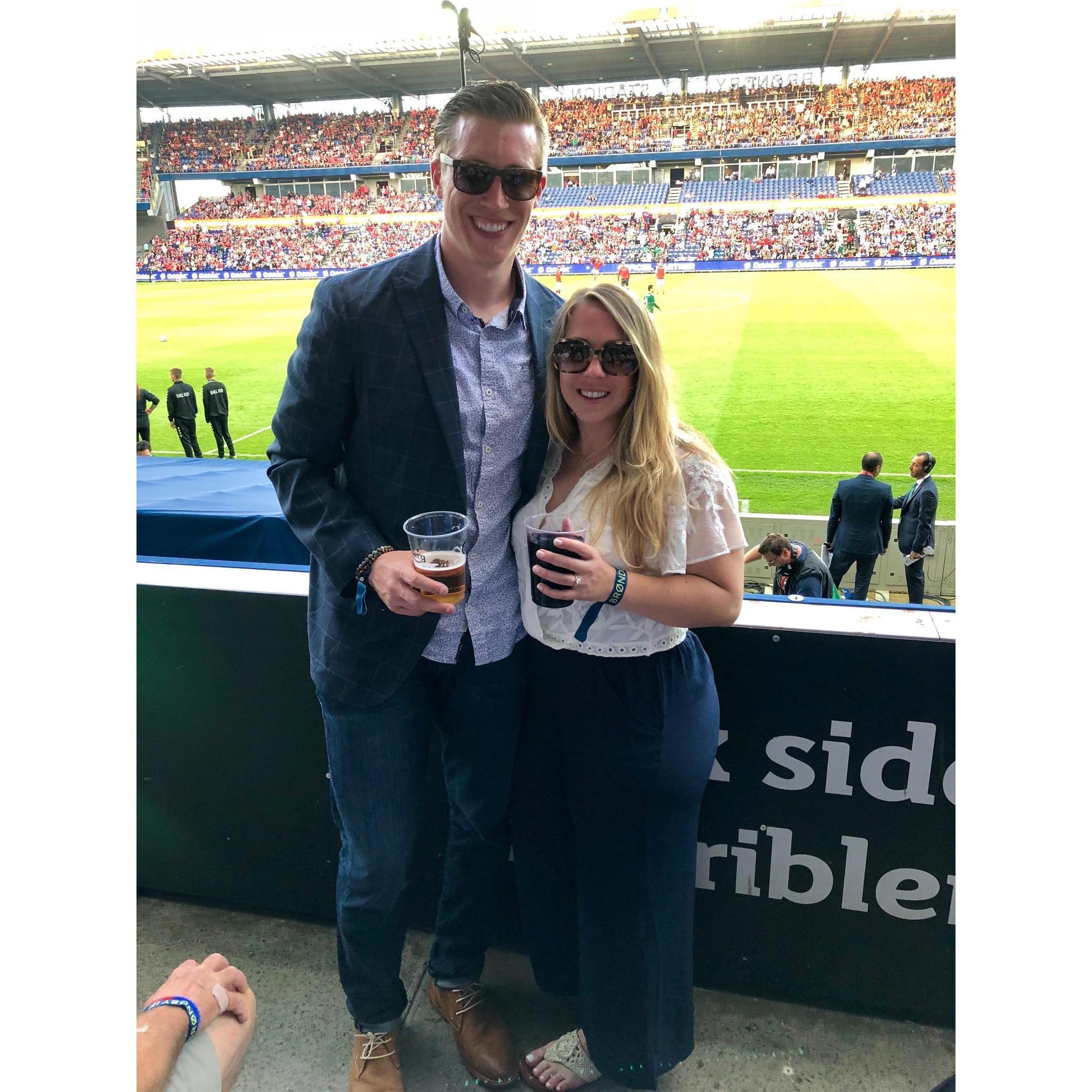 2018 - Celebrating our engagement and closing ceremonies of our third RIFT soccer trip at Brondby Stadium, Copenhagen, Denmark