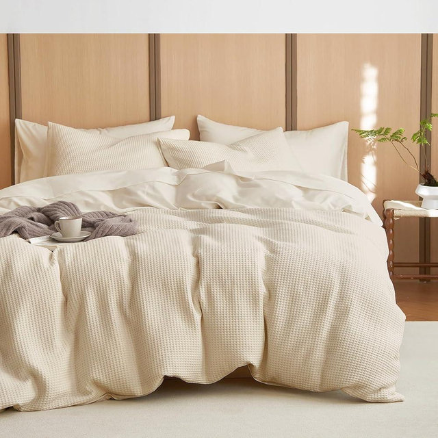 Wake In Cloud - Waffle Cotton Duvet Cover Set, 100% Cotton Bedding, Waffle Weave Knit Textured Neutral Farmhouse Soft Lightweight, 3 Pieces, Beige, King Size