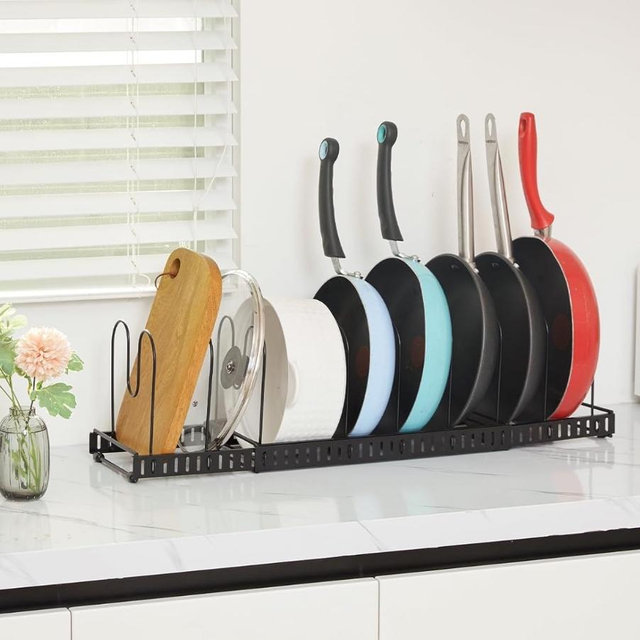 X-cosrack 15 Adjustable Dividers Pot and Pan Organizer Rack, 7"D x 32"W x 7.1"H, 3 in 1, Expandable Lid Bakeware Cupboard Rack Holder for Kitchen Cabinet Pantry Countertop, Black (Patent Pending)