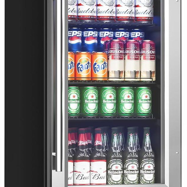 Feelfunn 15 Inch Beverage Refrigerator Under Counter - 126 Cans Beverage Fridge with Glass Door for Beer Wine Soda - Built-in or Freestanding Wine Cooler with Safety Lock for Home Kitchen Bar