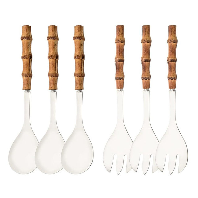 Uniturcky Salad Servers - 10.0 inch Serving Spoons and Forks Set of 6 - Include 3 Large Spoon and 3 Large Fork - Silver Stainless Steel Serving Utensils with Bamboo Handle