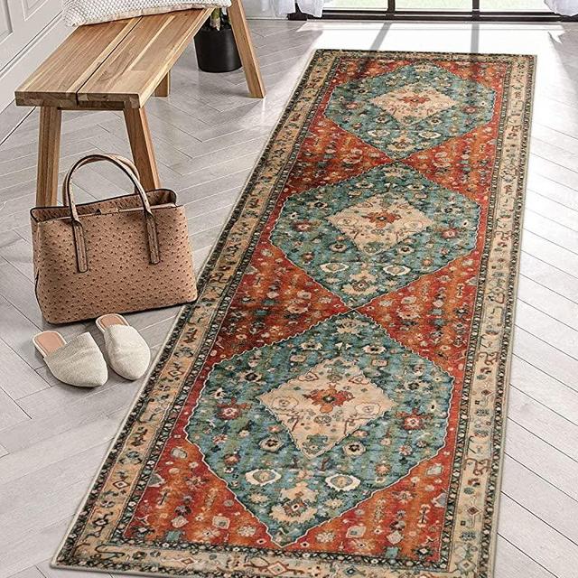 Lahome Boho Tribal Runner Rug - 2x7 Persian Hallway Kitchen Runner Rug Washable Bathroom Laundry Mat Faux Wool Non-Slip Floor Carpet for Entryway Bedroom Living Dining Room,Rust/Dull Teal