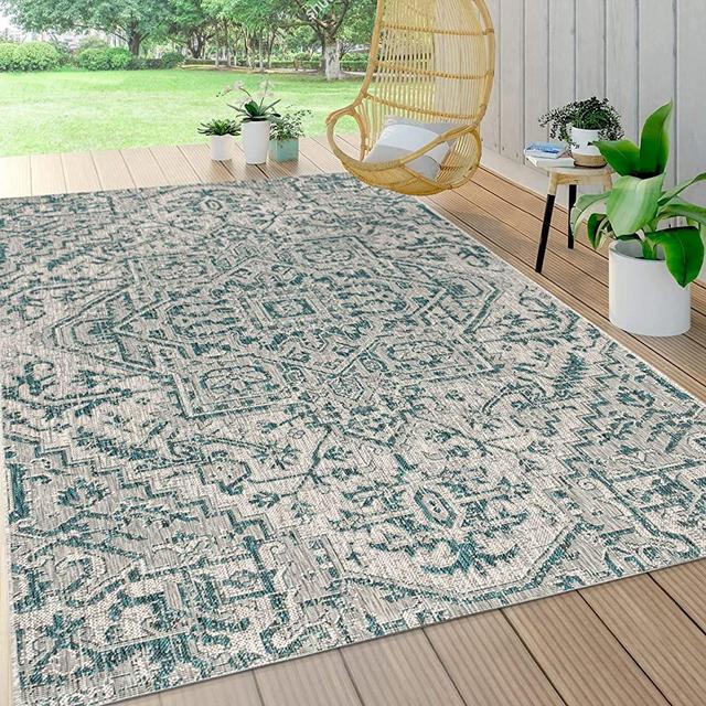 JONATHAN Y SMB105C-9 Estrella Bohemian Medallion Textured Weave Indoor Outdoor Area-Rug Coastal Bohemian Rustic Glam Easy-Cleaning Bedroom Kitchen Backyard Patio Non Shedding, 9 X 12, Teal/Gray