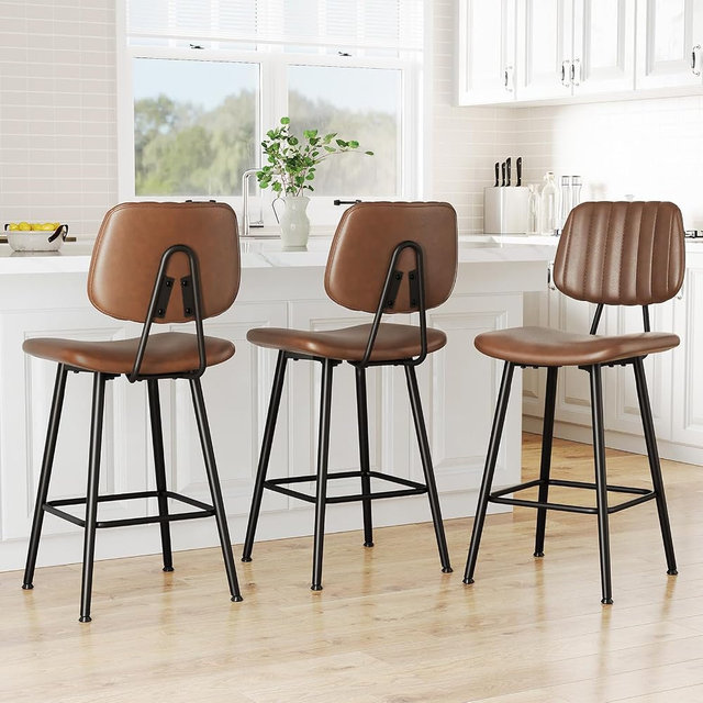 Raynesys 24-Inch Leather Bar Stools Set of 3, Counter Height Barstools with High Backrest，Bar Chairs for Kitchen Island with Heavy Duty Metal Legs, Dark Brown