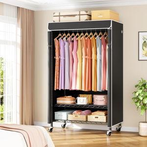 Rolling Clothes Rack with Cover, Covered Clothing Racks Heavy Duty, Portable Closet for Hanging Clothes, Garment Racks on Wheels, Black Closet Rack with Black Cover, Max Load 365LBS